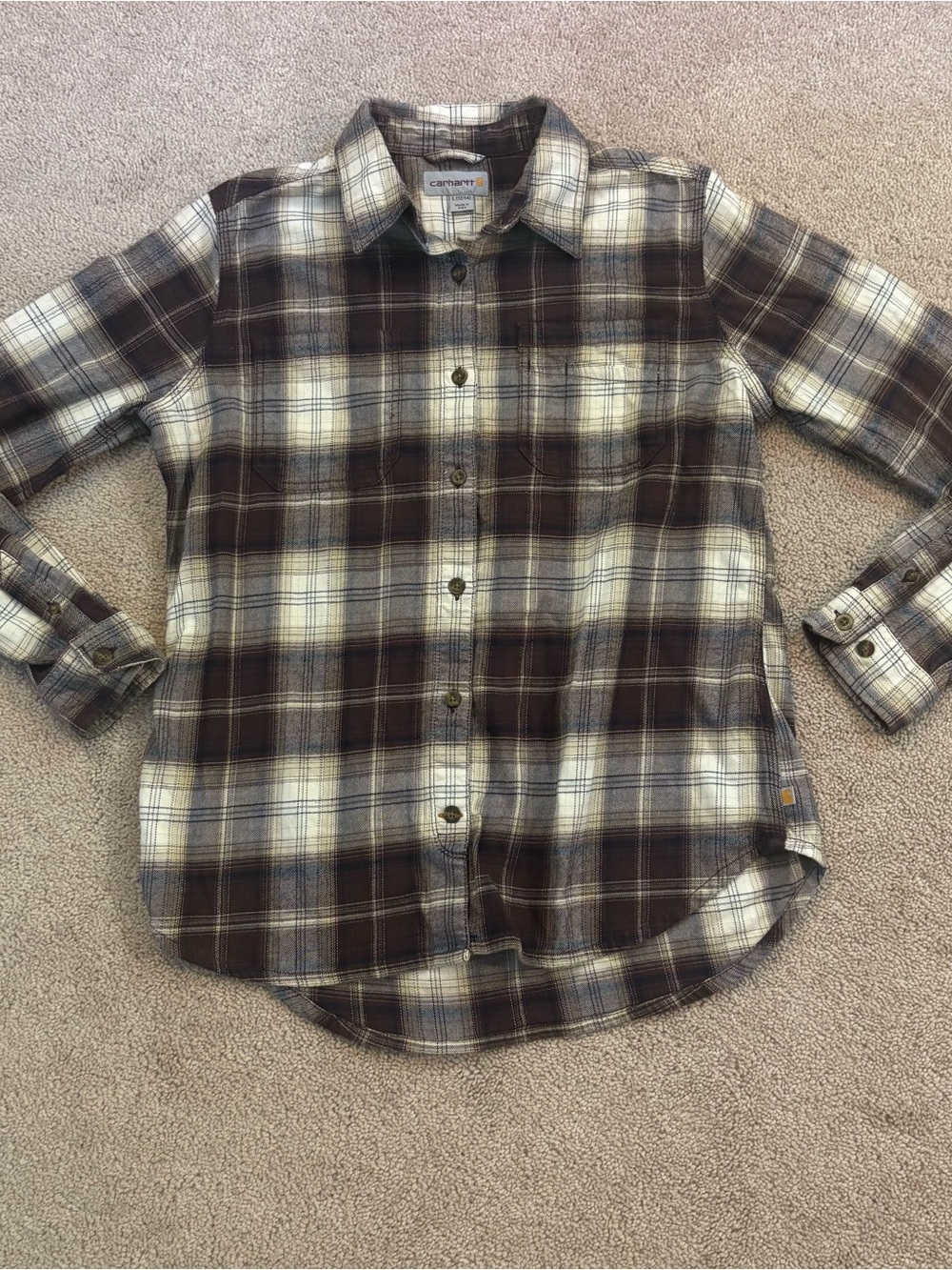 Carhartt Women’s Brown and Cream Rugged Flex Hamilton Plaid Flannel Shirt Size L
